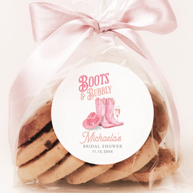 Boots & Bubbly Western Cowgirl Pink Bridal Shower Classic Round Sticker (Creator Uploaded)