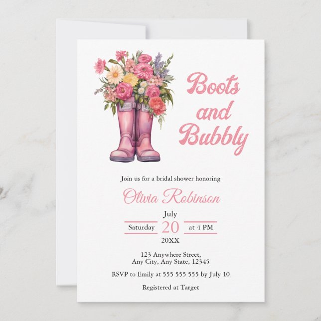 Boots & Bubbly Western Cowgirl Pink Bridal Shower  Invitation (Front)