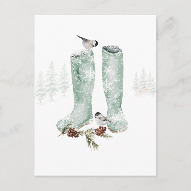 Boots & Chickadees Snowing Winter Woodland Scene Postcard (Front)