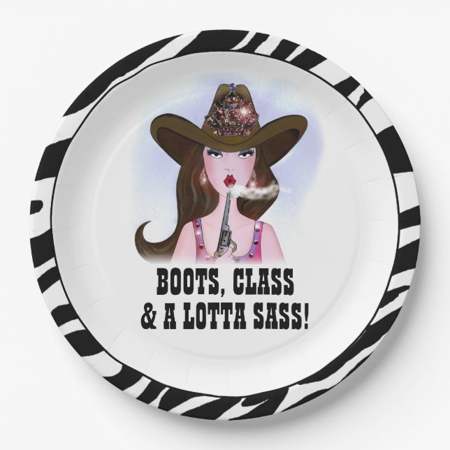 "BOOTS, CLASS & A LOTTA SASS!" PAPER PLATE (Front)