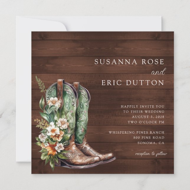 Boots Cowgirl Cowboy Floral Wedding Invitation (Front)