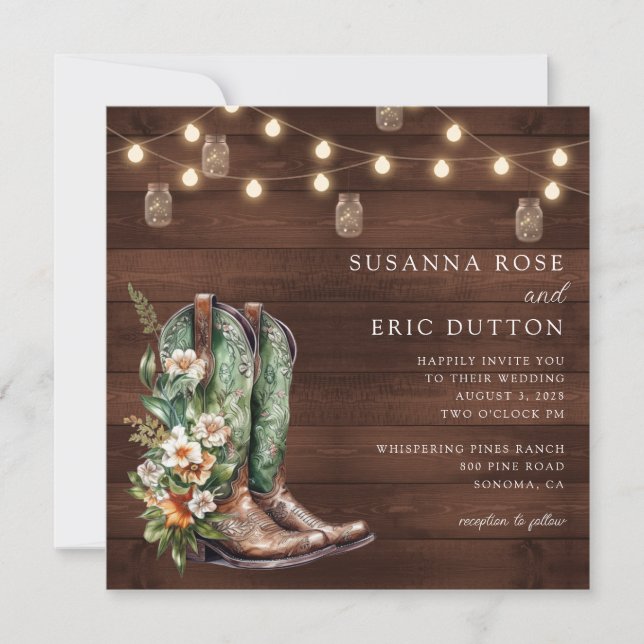 Boots Cowgirl Cowboy String Lights Floral Wedding Invitation (Front)