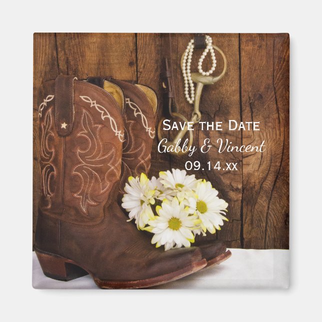 Boots Daisies and Horse Bit Wedding Save the Date Magnet (Front)