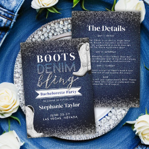 Boots Denim Bling Diamonds Chic Bachelorette Party Invitation