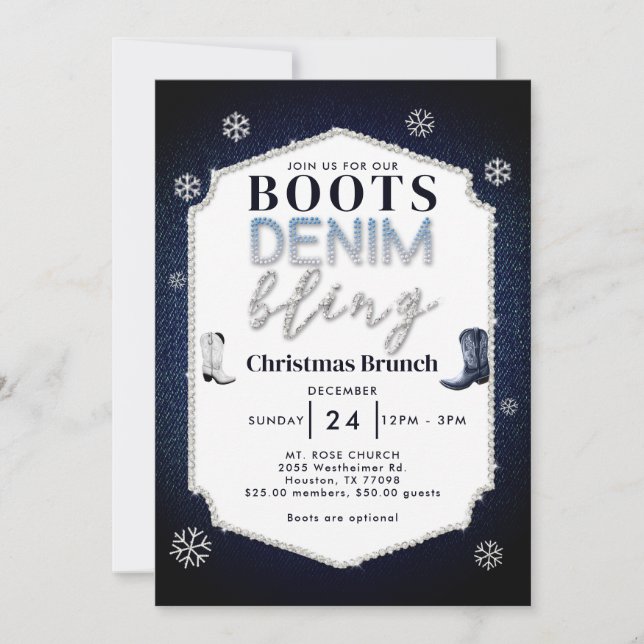 Boots Denim Bling Frame Christmas Church Brunch Invitation (Front)