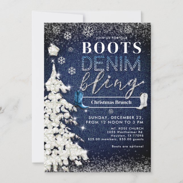 Boots Denim Bling Snow Tree Christmas Church Party Invitation (Front)