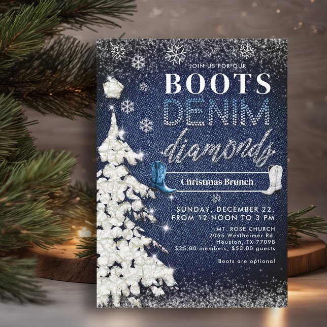 Boots Denim Diamonds Blue Christmas Church Party Invitation (denim diamonds christmas party white tree bling rhinestones glitter country western boots)