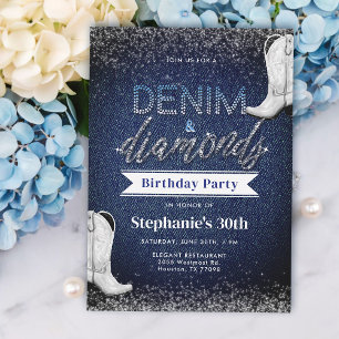Boots Denim Diamonds Blue Jeans Chic 30th Birthday Invitation
