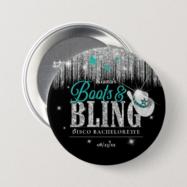 Boots 'n Bling Disco Bachelorette Teal ID925 7.5 Cm Round Badge (Front & Back)