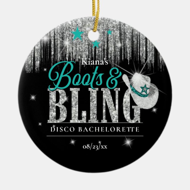 Boots 'n Bling Disco Bachelorette Teal ID925 Ceramic Ornament (Front)