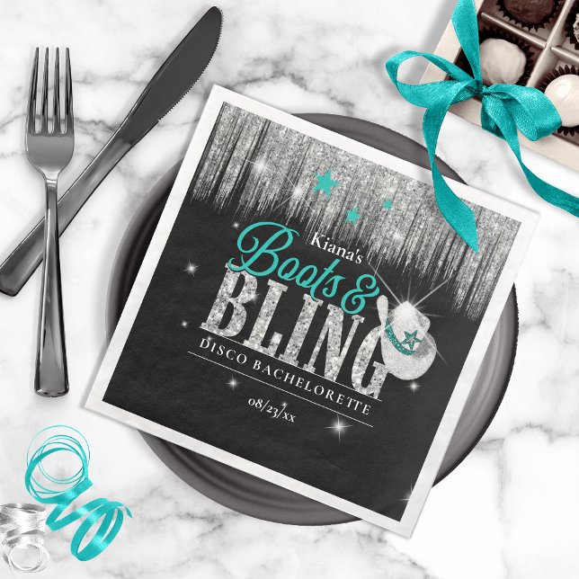 Boots 'n Bling Disco Bachelorette Teal ID925 Napkin (Creator Uploaded)
