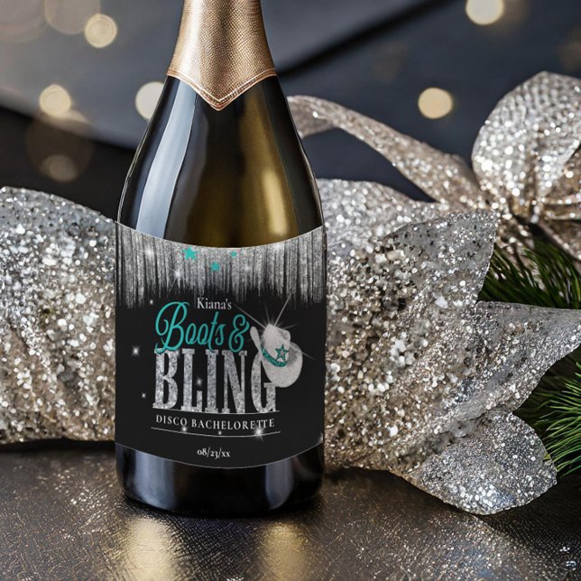 Boots 'n Bling Disco Bachelorette Teal ID925 Sparkling Wine Label (Creator Uploaded)