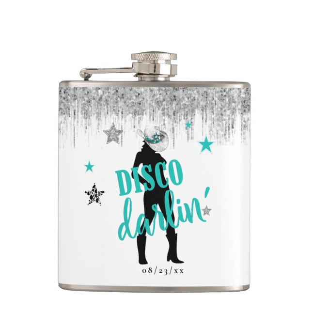 Boots 'n Bling Disco Darlin' Teal ID925  Hip Flask (Front)