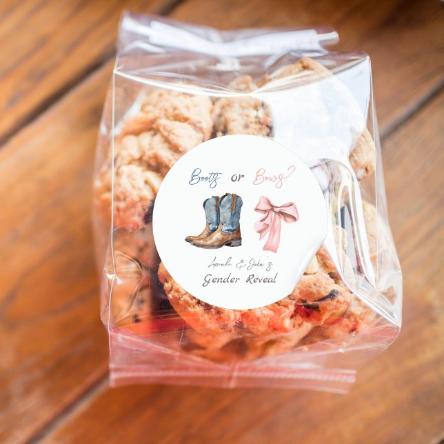 Boots or Bows Blue Pink Gender Reveal Party Classic Round Sticker (Creator Uploaded)