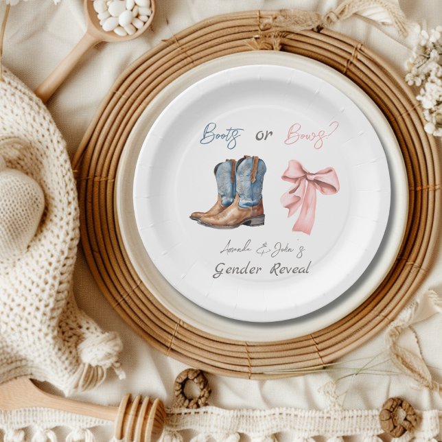 Boots or Bows Blue Pink Gender Reveal Party Paper Plate (Creator Uploaded)