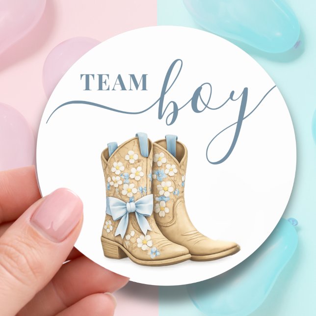 Boots or Bows Gender Reveal Blue Team Boy Classic Round Sticker (Creator Uploaded)