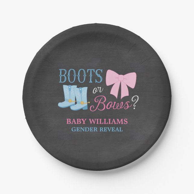 Boots or Bows Gender Reveal Party Baby Shower Paper Plate (Front)