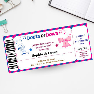 boots or bows gender reveal Ticket Style Invitation