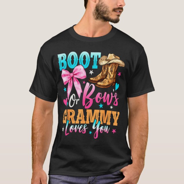 Boots Or Bows Grammy Loves You Gender Reveal Famil T-Shirt (Front)