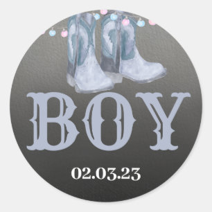 Boots or bows round sticker for Gender Reveal.