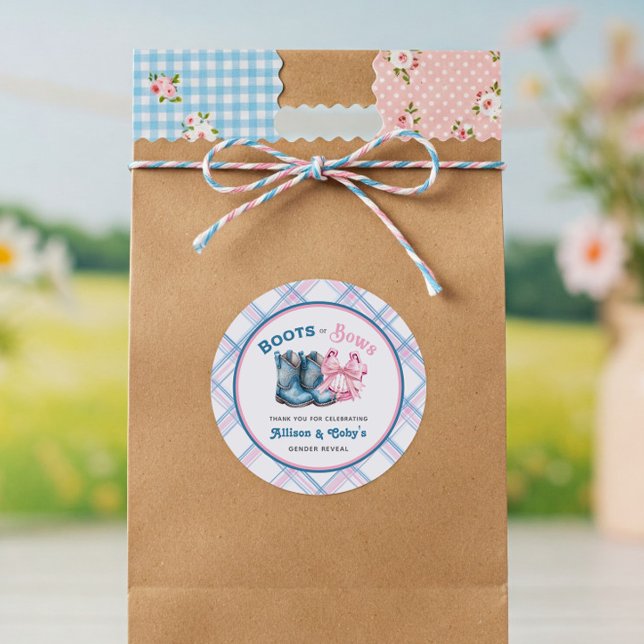 Boots or Bows Western Gender Reveal  Classic Round Sticker (Boots or Bows Gender Reveal Stickers)