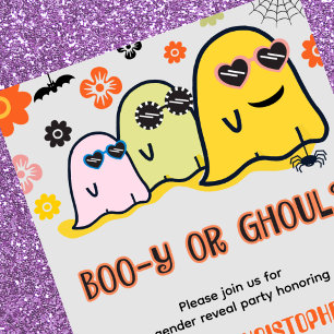 Booy or Ghoul 70s Ghost Halloween Gender reveal Invitation