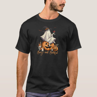 Booze and Bootiful Ghost Drinking Coquette Hallowe T-Shirt