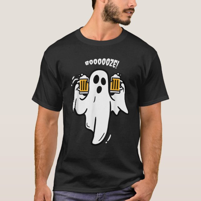 Booze Boo Ghost Drinking Beer Costume Easy Hallowe T-Shirt (Front)