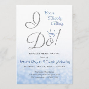 Booze, Bubbly & Bling, I DO Blue Engagement Party Invitation
