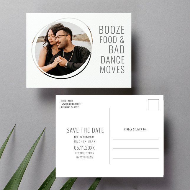 Booze, Food, Bad Dance Funny Wedding Save the Date Announcement Postcard (Booze, Food, Bad Dance Funny Wedding Save the Date Postcard)