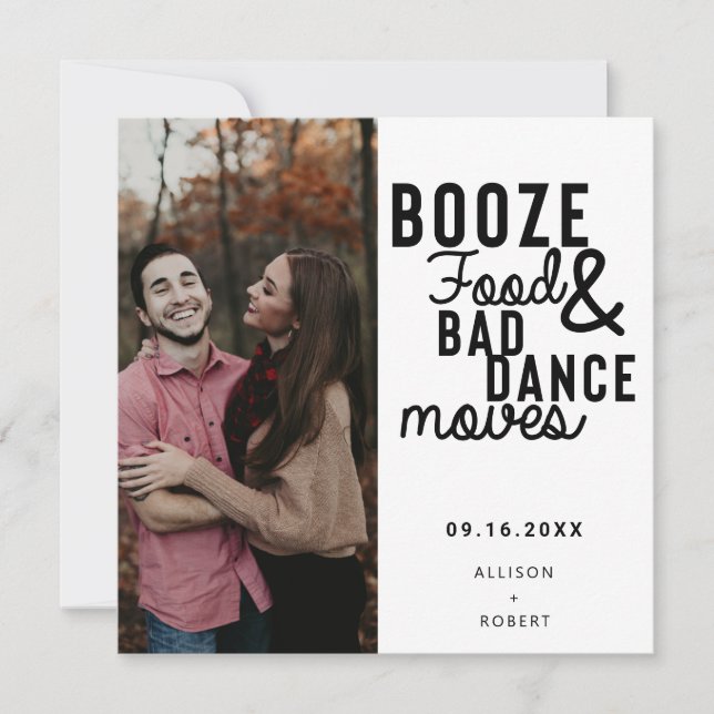 Booze Food & Bad Dance Moves Funny Date Photo Save The Date (Front)