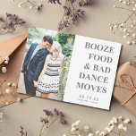 Booze Food Bad Dance Moves Funny Save the Date<br><div class="desc">Funny save the dates for your upcoming wedding in our Booze,  food and bad dance moves grey with custom photo design. Customise this wedding save the date with your photo and wedding details. Contact me through the button below if you need assistance.</div>