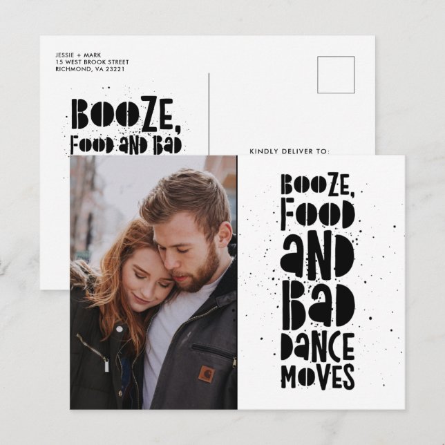 Booze, Food, Bad Dance Moves Photo Save the Dates Announcement Postcard (Front/Back)