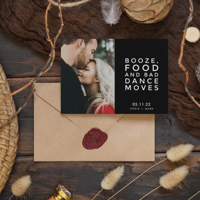 Booze, Food, Bad Dance Moves Photo Save the Dates Announcement Postcard (Creator Uploaded)