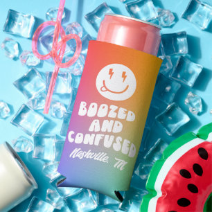 Boozed and Confused Retro Rainbow Bachelorette  Seltzer Can Cooler