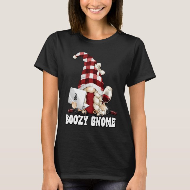 Boozy Gnome Graphic For Women Work And Drinking Wi T-Shirt (Front)