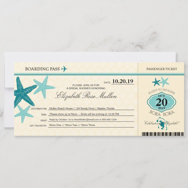 Bora Bora Bridal Shower Boarding Pass Invitation (Front)