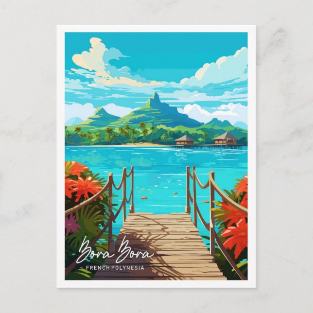 Bora Bora Vintage Travel Illustration Postcard (Front)