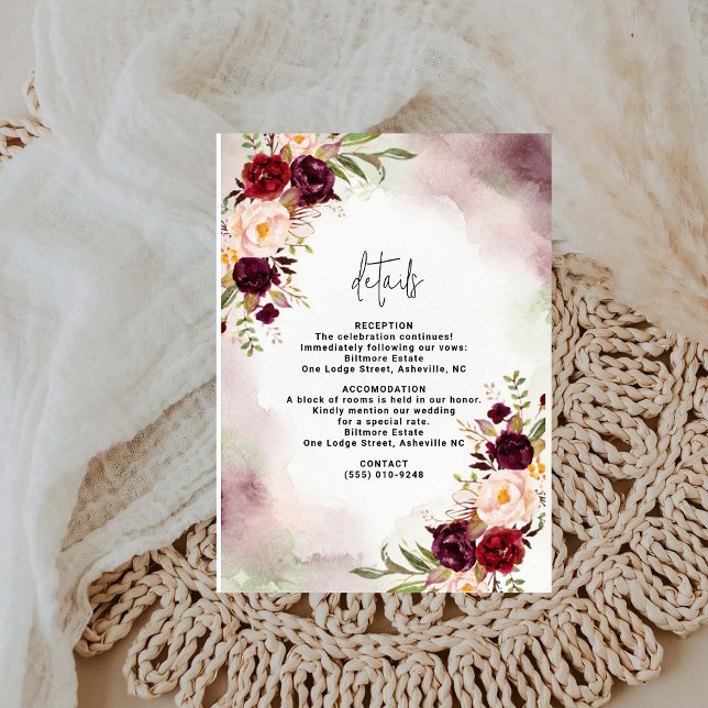 Bordeaux Blush Watercolor Wedding Details Card (Creator Uploaded)
