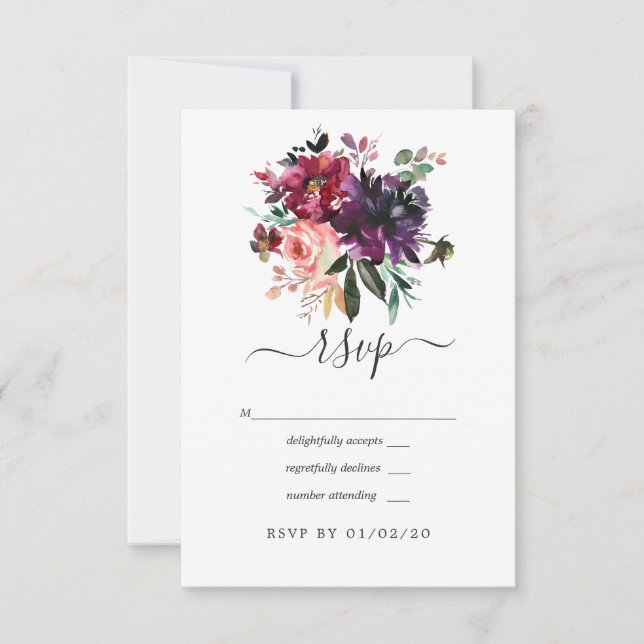 Bordeaux - Bordo Floral Wedding RSVP Card (Front)