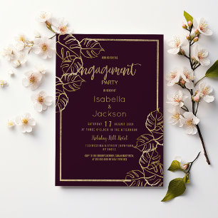 Bordeaux deep rich red gold floral Engagement Invitation