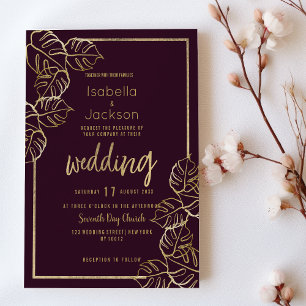 Bordeaux deep rich red gold floral Wedding Invitation