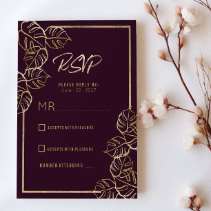 Bordeaux deep rich red gold floral Wedding RSVP Invitation