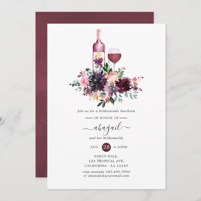 Bordeaux Floral Wine Tasting Bridesmaids Luncheon Invitation (Front/Back)