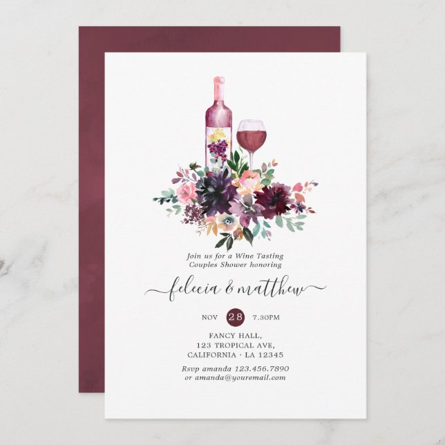 Bordeaux Floral Wine Tasting Couples Shower Invitation (Front/Back)