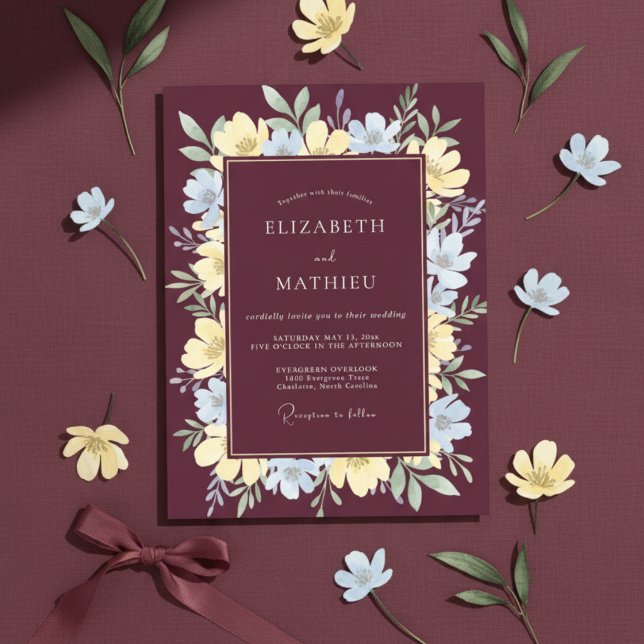 Bordeaux Illustrative Floral Wedding Invitation (Creator Uploaded)