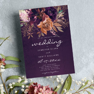 Bordeaux orange pink gold floral fall wedding invitation