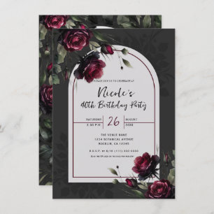 Bordeaux Red Roses Shadowy Grey Floral Birthday  Invitation
