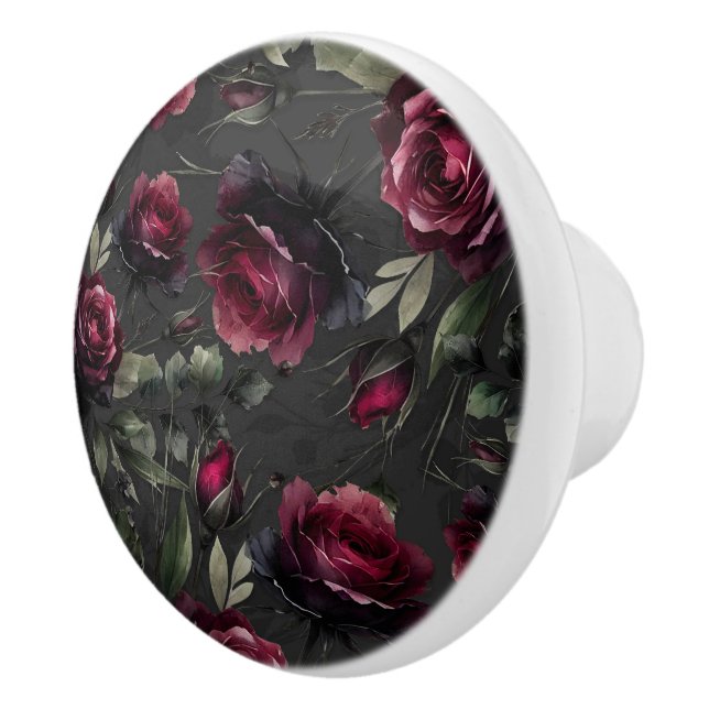 Bordeaux Red Roses Shadowy Grey Floral  Ceramic Knob (Right)