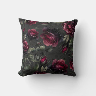 Bordeaux Red Roses Shadowy Grey Floral  Cushion